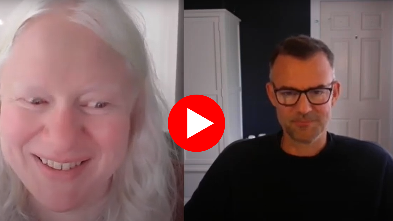 albinism mythbusters - picture of Kristina with albinism in one screen next to Jay wearing glasses. Play button in the middle 