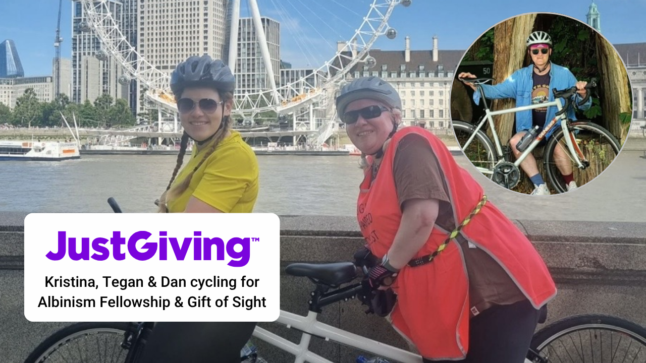 Tegan and Kristina on a tandem with an inset photo of dan with a bike