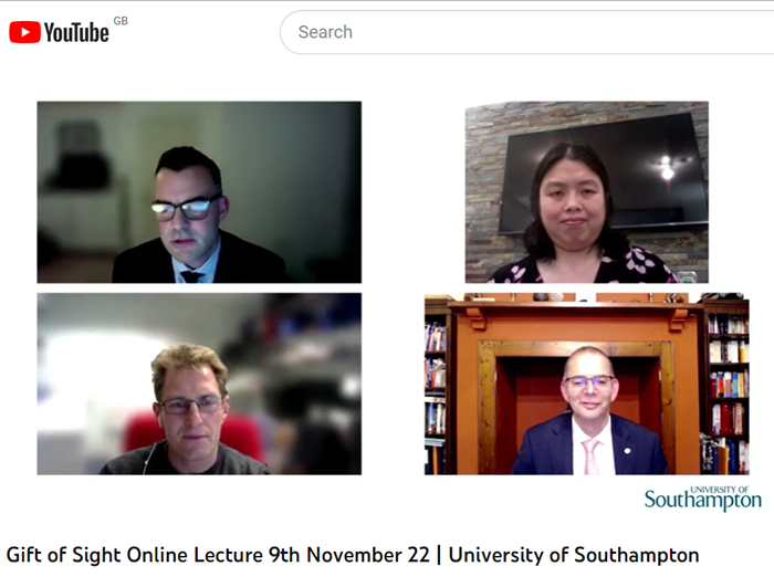 Beating Blindness Lecture 2022 Screenshot from online lecture showing all four speakers on one screen
