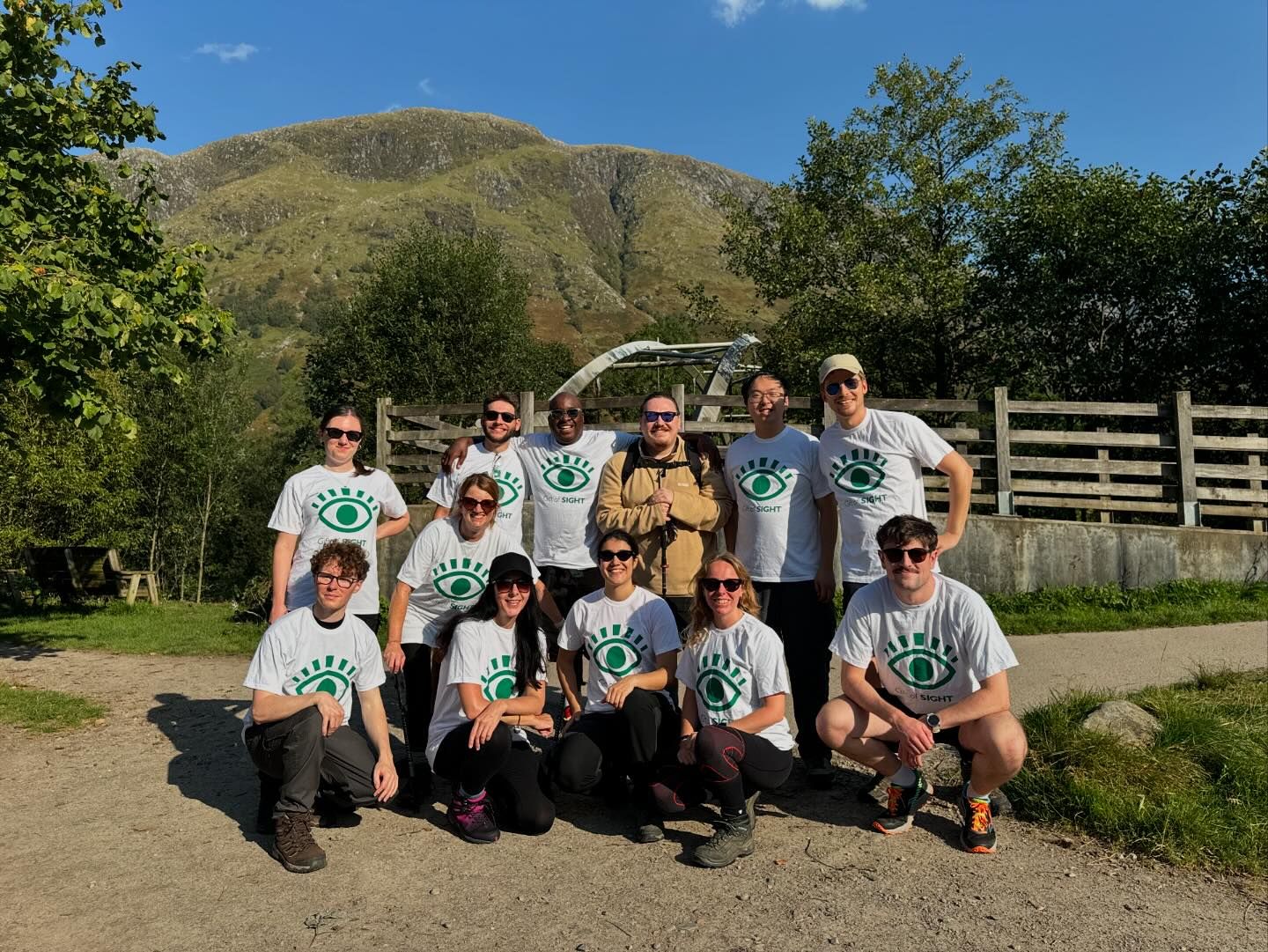 Three Peaks team at the start of Ben Nevis, all wearing Gift of Sight t-shirts